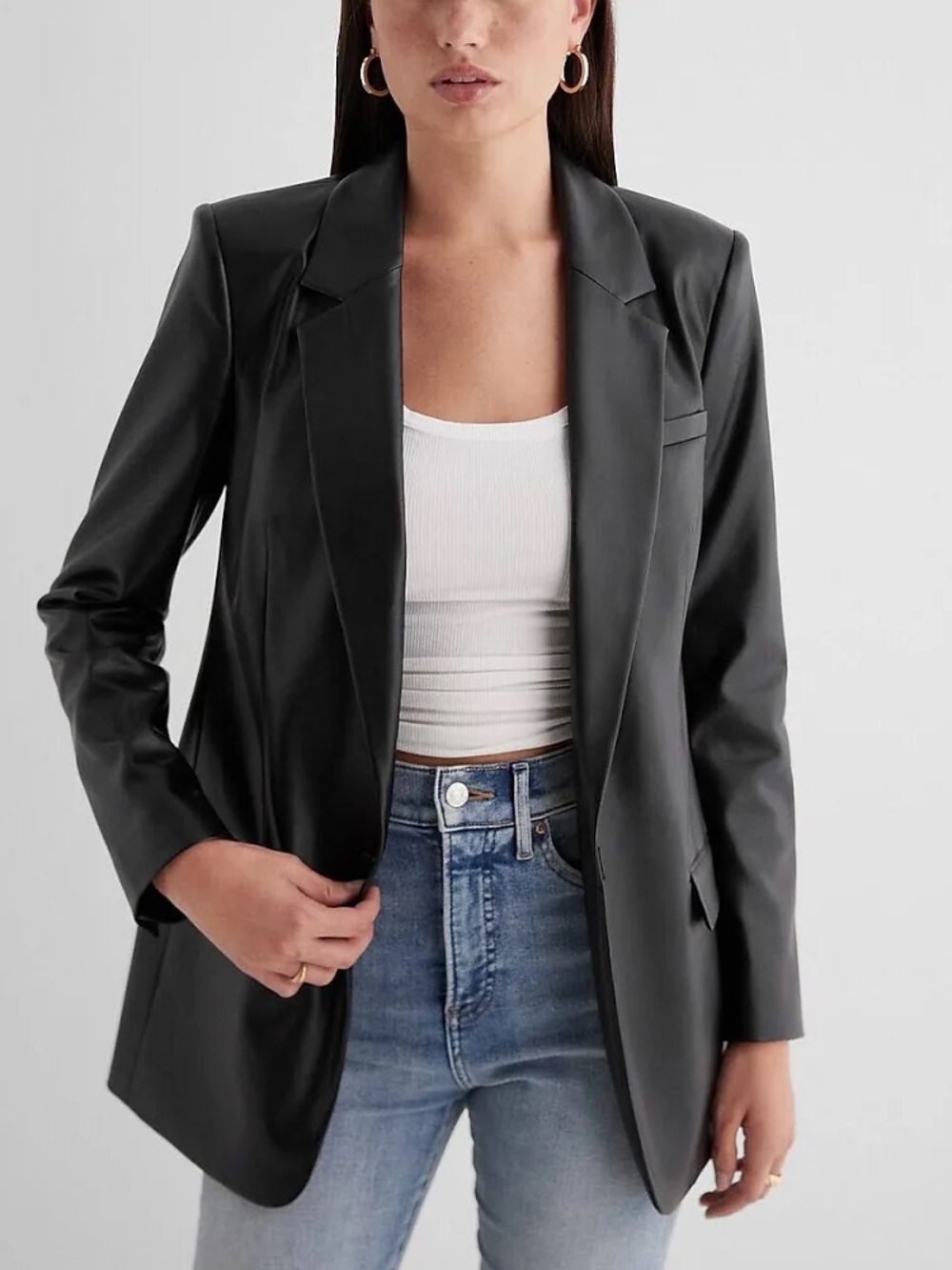 Women’s Express Faux Leather One Button Cinched Boyfriend Blazer Black Med BNWT